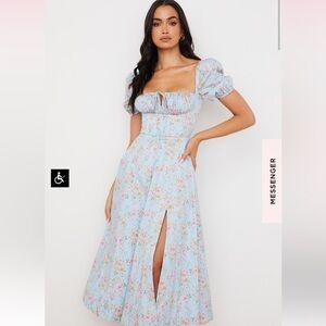 House of cb Tallulah Midi dress puff sleeve blue vintage floral